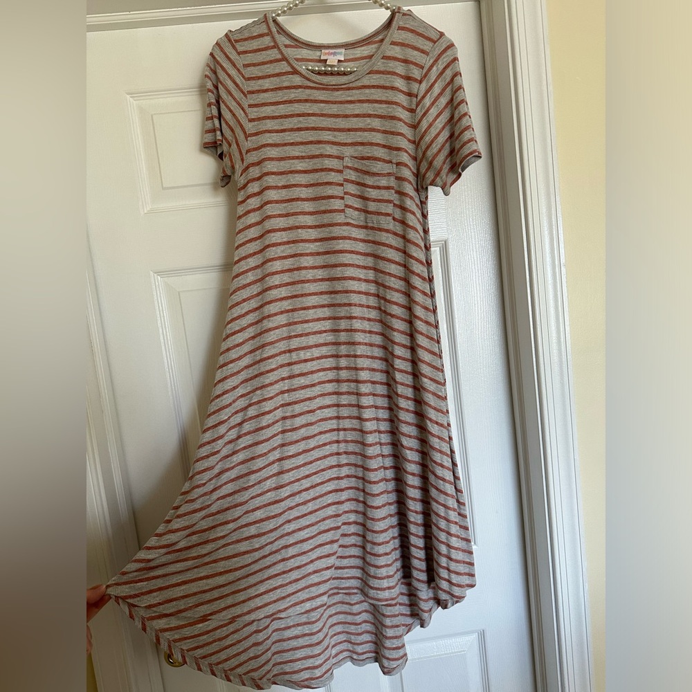 LulaRoe Gray & Reddish/Pink Striped Carly Dress Size XXS